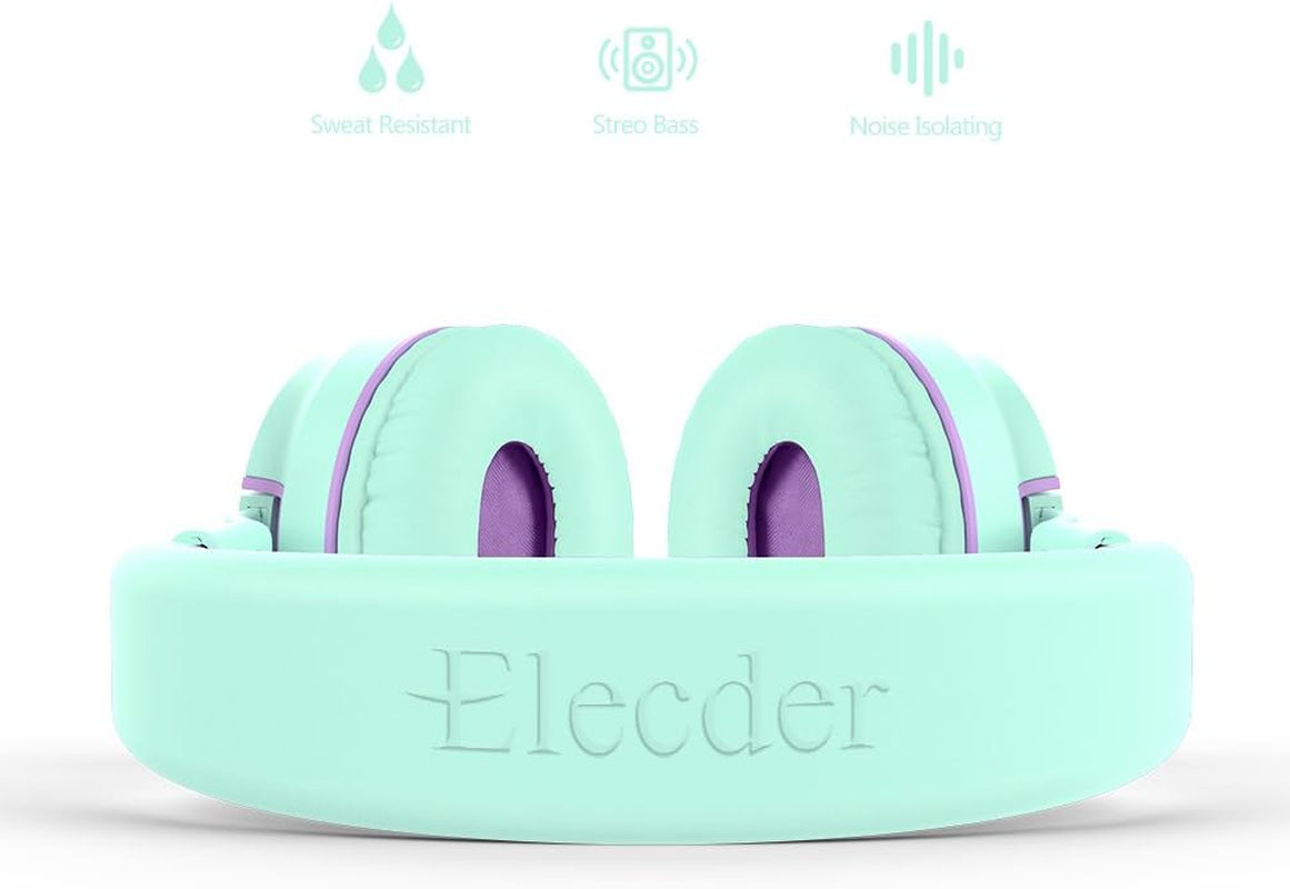 I36 Kids Headphones Children Girls Boys Teens Foldable Adjustable on Ear Headphones 3.5Mm Jack Compatible Cellphones Computer Kindle MP3/4 School Tablet Green/Purple