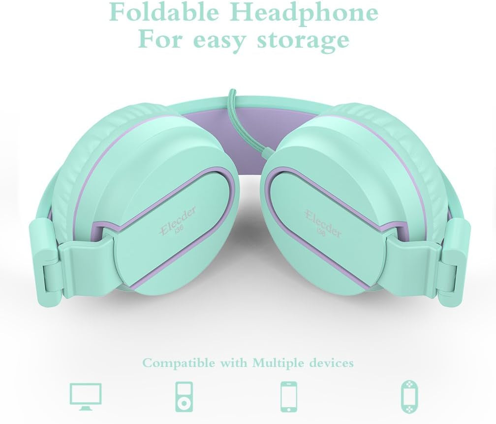 I36 Kids Headphones Children Girls Boys Teens Foldable Adjustable on Ear Headphones 3.5Mm Jack Compatible Cellphones Computer Kindle MP3/4 School Tablet Green/Purple